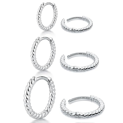 micuco 3 Pairs Small Gold Hoop Huggie Earrings Set for Women Men Tendy | 14K Gold Plated Small Huggie Hoop Earrings for Men, Tiny Cartilage Hypoallergenic Earring Set - style: F# Twisted silver 8-10-12mm