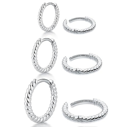 micuco 3 Pairs Small Gold Hoop Huggie Earrings Set for Women Men Tendy | 14K Gold Plated Small Huggie Hoop Earrings for Men, Tiny Cartilage Hypoallergenic Earring Set - style: F# Twisted silver 8-10-12mm