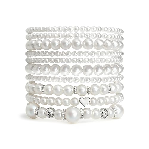 Pearls Bracelets for Women Simulated White Pearl Beaded Bracelet Stack Stackable Stretch Pearl Jewelry Set Multilayered Elastic Gold Pearls Bracelet Set for Prom Party Christmas Gift - style: 10S