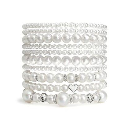 Pearls Bracelets for Women Simulated White Pearl Beaded Bracelet Stack Stackable Stretch Pearl Jewelry Set Multilayered Elastic Gold Pearls Bracelet Set for Prom Party Christmas Gift - style: 10S