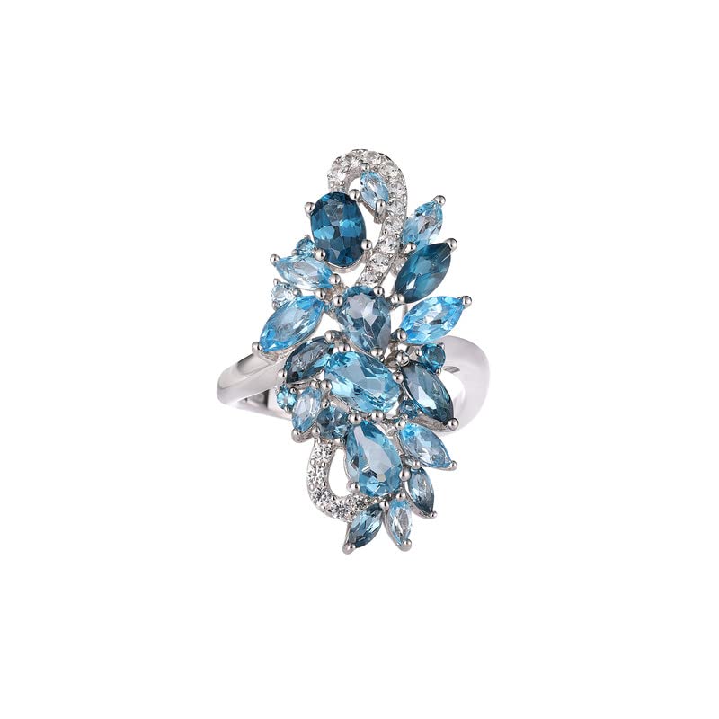 Statement Flower Ring Cocktail Leaf Ring Birthstone Anniversary Signet Ring | Hypoallergenic|14K Gold Plated|Sterling Silver Sparkling Engagement Promise Party Ring for Women, Size 6 to 10(With Box) - color: Long Leaf -London Blue Topaz