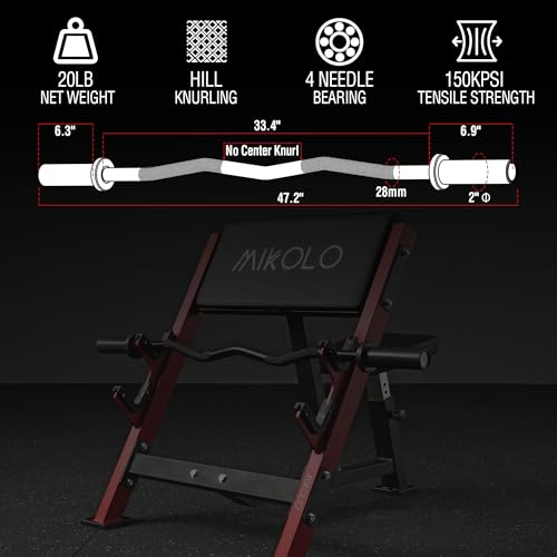 Mikolo EZ Curl Bar, 2 Inch Olympic Curl Bar for Biceps and Triceps, 47” Curling Bar with Knurled Grip, 700LB Barbell Bar with Multi-Angle Wrist-Friendly Design - color: Black