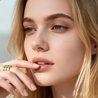 Todenb Turquoise Ring for Women，Gold Western Turquoise Open Ring Boho Stainless Steel Moon and Star Band Wrap Knuckle Rings Western Country Fashion Jewelry Accessories - color: three circle