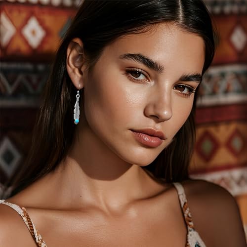 Bohemian Silver Feather Dangle Earrings for Women | Hypoallergenic Silver Turquoise Drop Dangle Earrings with Western Boho Jewelry