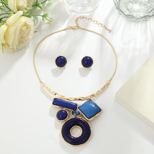 Vintage Statement Jewelry Set - Chunky Flower Floral Plant Geometric Resin Bib Necklace Earring Set Bohemian Boho Crystal Rhinestone Fashion Jewelry for Women Bridal Party Prom Unique Gift - style: MLJS2613-Blue