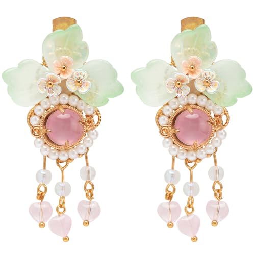 A Pair Wedding Hair Clips, Handmade Floral Design Crystal Hair Clips Pearl Barrettes, Rhinestones Flower Clips Pearl Headpieces Hair Pins Hair Accessories for Women Girls (Green) - color: Green