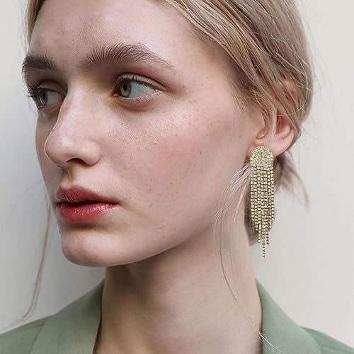 Luxval Rhinestone Earrings Dangling for Women Sparkly Silver Dangle Earrings Girls Long Chandelier Earrings Tassel Lightweight Ear Studs Cubic Zirconia Crystal Statement - color: Gold-Round Tassel Crystal