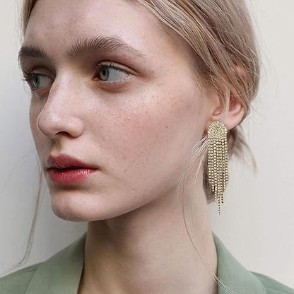Luxval Rhinestone Earrings Dangling for Women Sparkly Silver Dangle Earrings Girls Long Chandelier Earrings Tassel Lightweight Ear Studs Cubic Zirconia Crystal Statement - color: Gold-Round Tassel Crystal