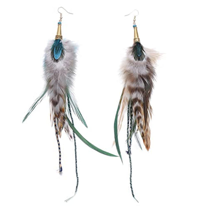 Bohemian Pheasant Peacock Long Feathers Statement Earrings Handmade Natural Lightweight Feather Dangle Earrings for Women (ea000071) - color: Brown&Blue