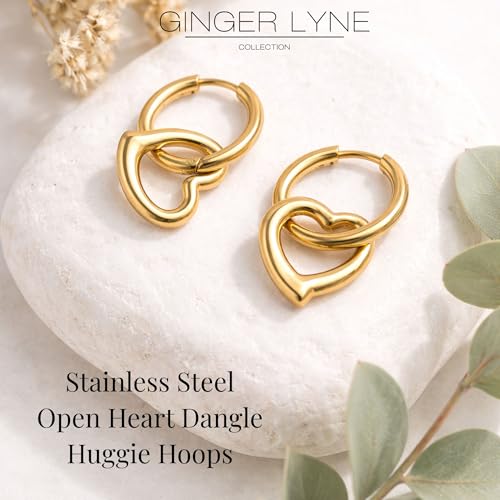 Open Heart Charm Hoop Earrings for Women by Ginger Lyne | 18K Gold Plated Stainless Steel Lightweight 12mm Classic Round Clicker for Lobe Cartilage Piercing Body Jewelry for Her - color: Gold Tone