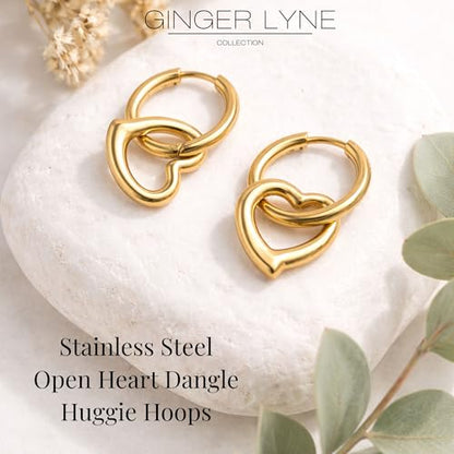 Open Heart Charm Hoop Earrings for Women by Ginger Lyne | 18K Gold Plated Stainless Steel Lightweight 12mm Classic Round Clicker for Lobe Cartilage Piercing Body Jewelry for Her - color: Gold Tone