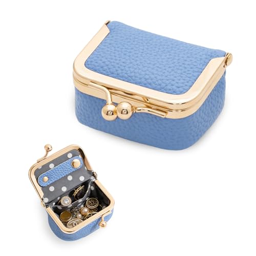 Genuine Leather Mini Jewelry Box Portable Vintage-Inspired Leather Small Coin Purse Jewelry Organizer Case Mini Travel Ring Box with Kiss Lock for Women Earring Ring Necklace - color: Blue