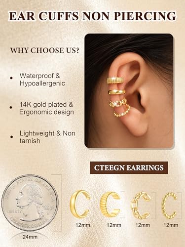 14K Gold/Silver Plated Ear Cuffs Non Piercing Set Clip On Dainty | Non Pierced Ear Cuff, Stackable Small Cartilage Hoop Huggie Set, Tarnish Resistant Hypoallergenic Trendy Jewelry Gift - style: gold style 15
