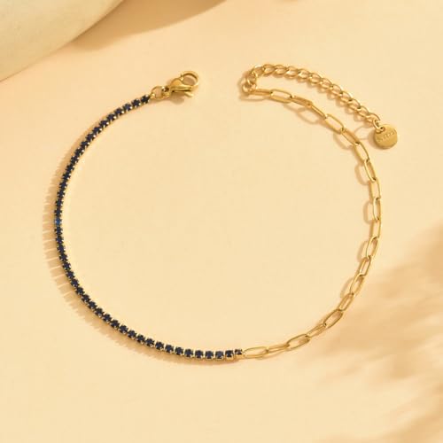 Gold Ankle for Women 18K Gold Plated Tennis Sapphire Paperclip Pearl Sequin Droplet Lip Link Chain Large Anklet Bracelets Simple Beach Summer Waterproof Foot Jewelry - color: Sapphire Paperclip-Gold