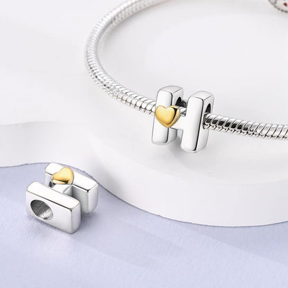 Women 925 Sterling Silver Charms A-Z Heart Letters Beads Pendant for Bracelets Women Fit Pandora Bracelets Hypoallergenic Beads - color: H