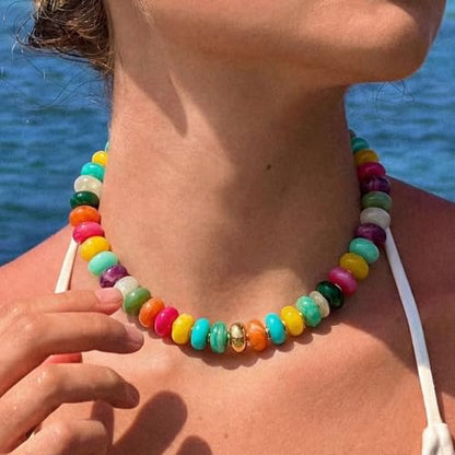Beaded necklace for Women Boho Bead Gemstone Chunky Necklace Big Bead Necklace Fashion Trendy Summer Necklaces Jewelry Gifts - color: Colorful&GD Beaded