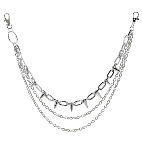 Hip Hop Punk Pants Chain Wallet Chain, Unisex Rivet Spike Jeans Pocket Chain Goth Belt Chain for Women Men Biker Rocker Pants Accessories - color: 【Chain-01】3-Layer Rivet（Silver）