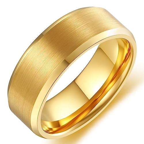 6mm 8mm Men Women Black Silver Gold Tungsten Carbide Rings Wedding Bands Matte Brushed Finish Beveled Step Edges - color: gold 8mm