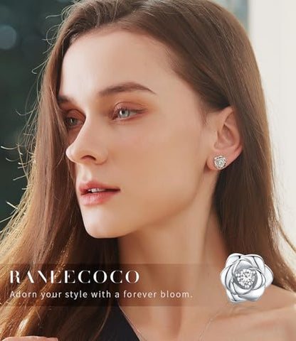 Gold Plated Sterling Silver Rose Flower Earring Studs, Hypoallergenic & Nickel Free Earrings for Women - color: White Gold Plated Silver, size: 9.0 Millimeters