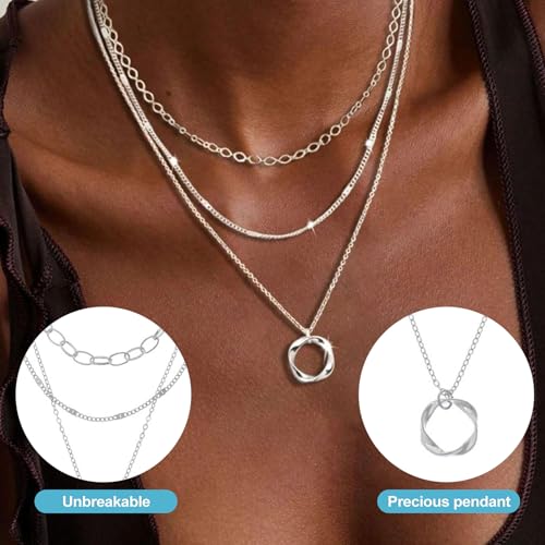 CoguZed Layered Silver Plated Necklaces for Women, Trendy Triple Strand Stackable Choker with Twisted Circle Pendant, Chain Fashion Jewelry Gift