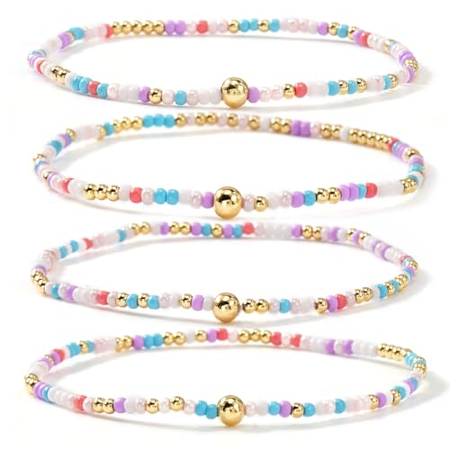 Seed Beaded Stack Bracelets Set for Women,Small Boho 4Pcs Colorful Handmade Dainty Trendy Gold Stretch Accessories Jewelry, Summer Daily Party Friendship Gift - color: Purple White