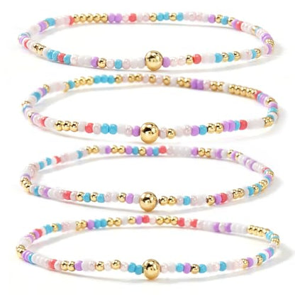 Seed Beaded Stack Bracelets Set for Women,Small Boho 4Pcs Colorful Handmade Dainty Trendy Gold Stretch Accessories Jewelry, Summer Daily Party Friendship Gift - color: Purple White