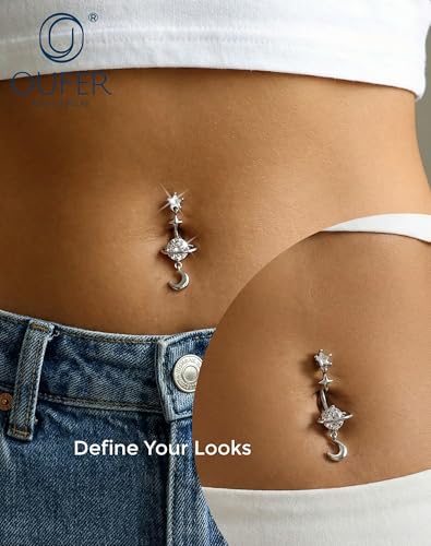 OUFER 14G Star Moon Planet Silver Gold Dangle Belly Button Rings 316L Surgical Stainless Steel CZ Belly Piercing Jewelry 10mm Navel Rings for Women - color: Silver