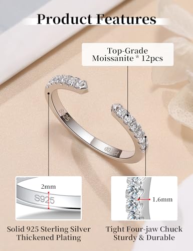 Moissanite Open Ring Adjustable Stackable Engagement Anniversary Jewelry | Half Eternity Wedding Band, White Gold Plated Dainty, 925 Sterling Silver Rings for Women - color: Silver