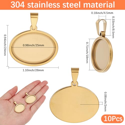 1 Box 10Pcs Oval Cabochon Settings Gold Stainless Steel Bezel 18 x 25mm Metal Photo Cameo Resin Cabochons Blanks Trays Pendant Base Charms for Jewelry Making Earrings Necklaces DIY Crafts - style: gold flattened round