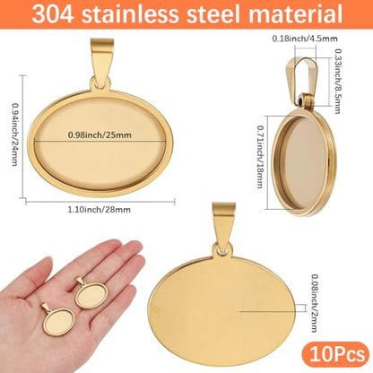 1 Box 10Pcs Oval Cabochon Settings Gold Stainless Steel Bezel 18 x 25mm Metal Photo Cameo Resin Cabochons Blanks Trays Pendant Base Charms for Jewelry Making Earrings Necklaces DIY Crafts - style: gold flattened round
