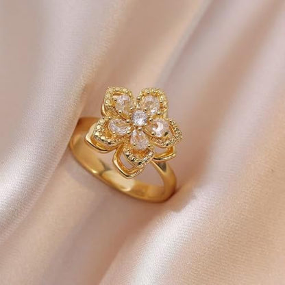 Sunflower Fidget Ring for Women Gold Anxiety Crystal Rings Cubic Zirconia Sunflower Open Adjustable Fidget Ring Spinner Sun Ring for Men Trendy Jewelry - color: White