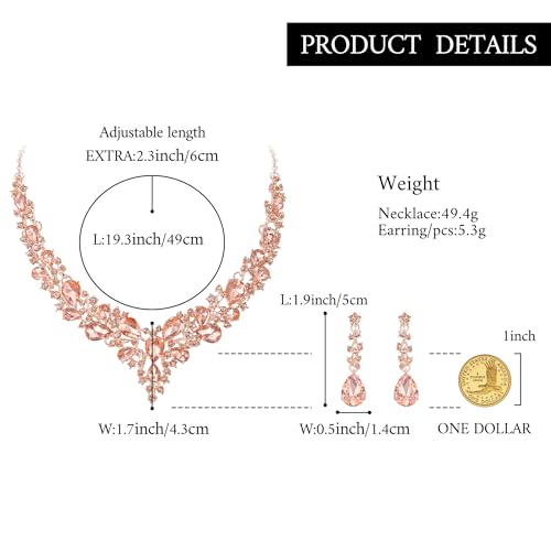 Women's Wedding Statement Necklace Dangle Earring Jewelry | Austrian Crystal Teardrop Cluster,Necklaces Earrings Set for Bride Bridesmaid,Prom Accessories - color: 05-Peach Rose-Gold-Plated-Base