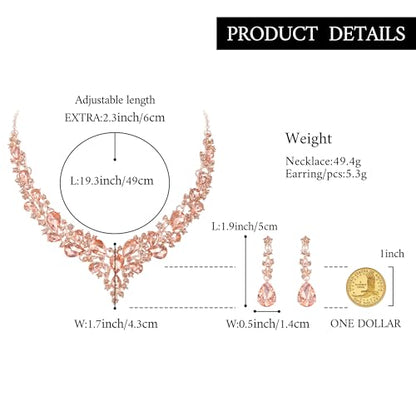 Women's Wedding Statement Necklace Dangle Earring Jewelry | Austrian Crystal Teardrop Cluster,Necklaces Earrings Set for Bride Bridesmaid,Prom Accessories - color: 05-Peach Rose-Gold-Plated-Base