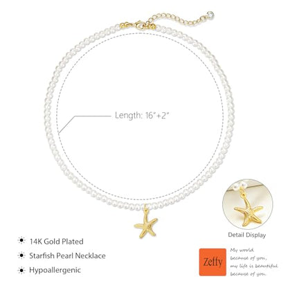 Zeffy Pearl Necklace 4MM/6MM/8MM Dainty Round Imitation Pearl Choker Necklace Wedding Pearl Necklace Delicate Jewelry for Women Simple Bridesmaid Jewelry Gifts - style: 4mm Gold Starfish Pearl Necklace(16"+2")