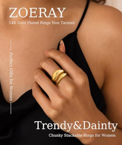 ZOERAY Chunky Gold Rings for Women Non Tarnish 14K Gold Plated Stackable Rings for Women Pinky Thumb Statement Engagement Eternity Wedding Band Ring Set Waterproof Gold Jewelry Rings Gifts Size 6-10