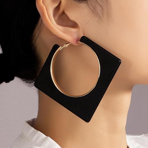 Colorful Large Hoop Earrings for Women Big Square Hollow Hoops Dangle Earrings Trendy Chunky Geometric Square Earring 80s 90s Neon Hoop Dangle Earrings - color: black