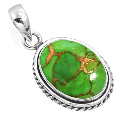 Chunky Natural Gemstone Pendant Necklace For Women Onyx, Turquoise, Amber, Garnet Oval Boho Genuine 925 Sterling Silver Handmade Jewelry - color: Copper Green Turquoise