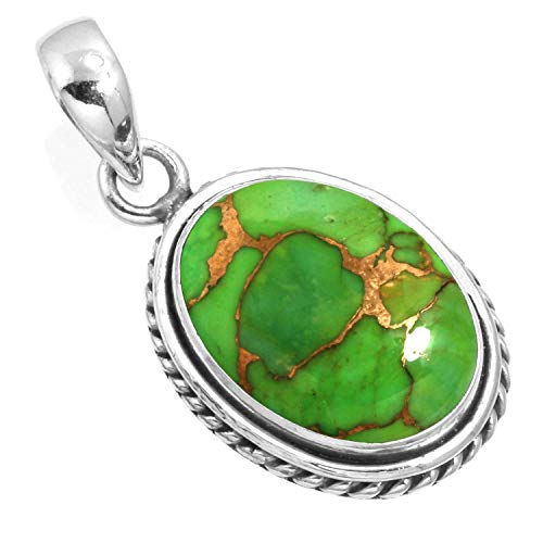 Chunky Natural Gemstone Pendant Necklace For Women Onyx, Turquoise, Amber, Garnet Oval Boho Genuine 925 Sterling Silver Handmade Jewelry - color: Copper Green Turquoise