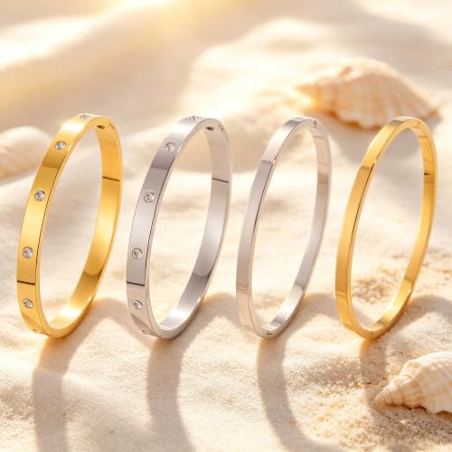 Minimalist Two-Tone Stackable Bangle Set for Women – Stainless Steel Bracelets with Crystal Accents