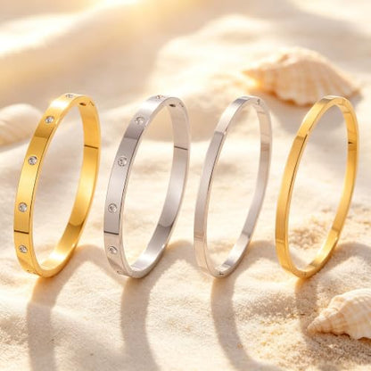 Minimalist Two-Tone Stackable Bangle Set for Women – Stainless Steel Bracelets with Crystal Accents