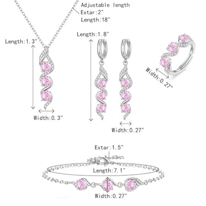 Crysdue Wedding Bridal Teardrop CZ Pendant Necklace Open Ring Dangle Earrings Adjustable Slider Bracelet Jewelry Set, Birthday Mothers Day Christmas Jewellery Gift for Women/Mom/Wife - style: 04-4pcs-Pink CZ