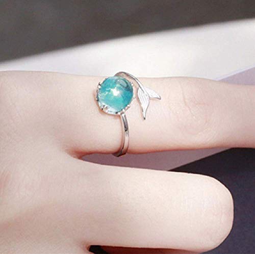 Duan Ocean Blue Opal Mermaid Fish Tail Finger Toe Rings Sterling Silver Plated Blue Crystal Adjustable Free Size Open Ring