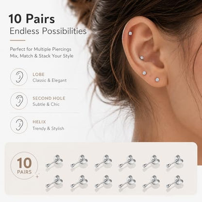 316L Stainless Steel Stud Set for Women Men, 20G Hypoallergenic Cartilage Jewelry with 2mm–8mm CZ Zirconia, Silver & Gold for Sensitive Ear Piercing - color: Silver