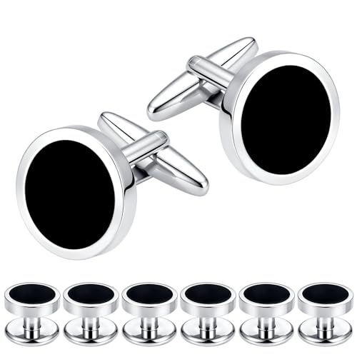 Men's Black Onyx Cufflink & Tuxedo Shirt Stud Set, 16mm Rhodium-Plated Brass, Elegant Gift Box - style: 2 cufflinks & 6 studs