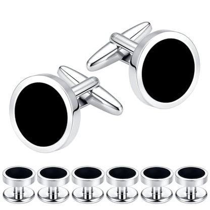 Men's Black Onyx Cufflink & Tuxedo Shirt Stud Set, 16mm Rhodium-Plated Brass, Elegant Gift Box - style: 2 cufflinks & 6 studs