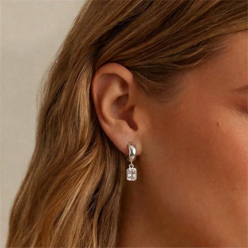 Gold Chunky Dangle Earrings for Women, Bezel Set Cubic Zirconia Charm | 14K Gold Silver Plated, Statement Huggie Hoops Drop Earrings, Trendy Jewelry Gifts, High Grade CZ, Hypoallergenic Lightweight - color: SL-Rectangular CZ Hoop
