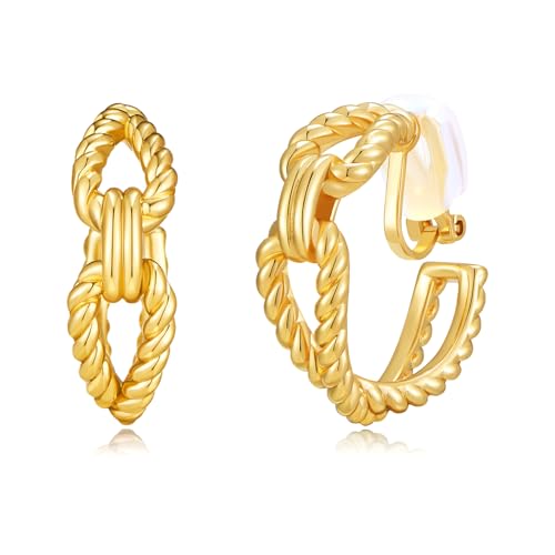 18k Gold Clip on Earrings for Women – Chunky Twisted Rope Hoop Earrings, Lightweight Non Pierced Link Drop Earrings with Soft Pads, Comfortable Vintage Fake Earring Cuffs Jewelry Gift - color: Golden