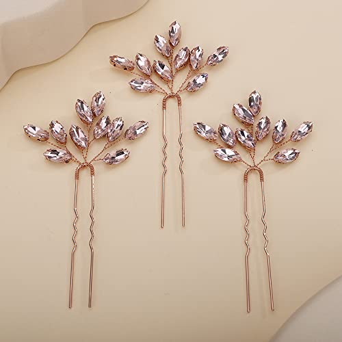 Teyglen 3pcs Bridal Crystal Hair Pins Rhinestones Hair Pieces Simple Crystal Wedding Hair Accessories Handmade Hair Pins for Women Bride Girls (Pink) - color: Pink