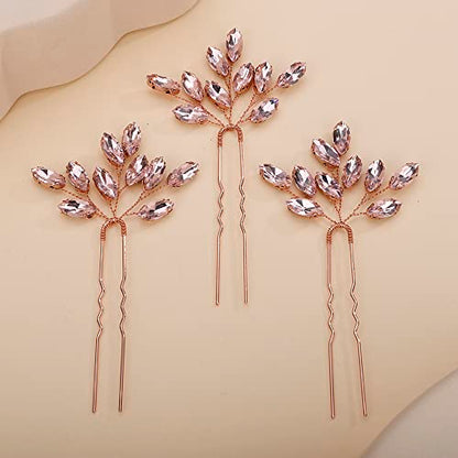 Teyglen 3pcs Bridal Crystal Hair Pins Rhinestones Hair Pieces Simple Crystal Wedding Hair Accessories Handmade Hair Pins for Women Bride Girls (Pink) - color: Pink