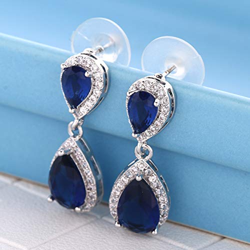 Pave Teardrop Earrings for Wedding Sterling Silver Double Pear Shaped CZ Cubic Zirconia Crystal Rhinestone Birthstone Dangle Earrings Bridal Jewelry for Bride Bridesmaids - color: Royal Blue Sapphire